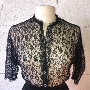Vntg. black see-through button-down lace blouse